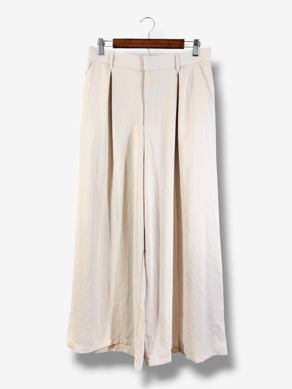 Tronjori Beige High Waist Wide Leg Palazzo Trousers Size L Pleated Minimalist